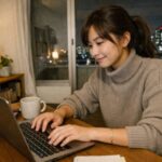 地を這うような努力でキャリアを切り開こうと、夜の自宅デスクで静かにノートPCに向かう若い日本人女性の横長ポートレート / A wide portrait of a young Japanese woman quietly working on her laptop at her home desk late at night, symbolizing slow crawling effort as a winning strategy in a hard-mode Reiwa era