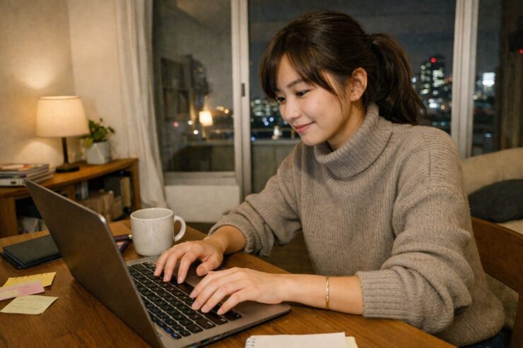 地を這うような努力でキャリアを切り開こうと、夜の自宅デスクで静かにノートPCに向かう若い日本人女性の横長ポートレート / A wide portrait of a young Japanese woman quietly working on her laptop at her home desk late at night, symbolizing slow crawling effort as a winning strategy in a hard-mode Reiwa era