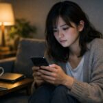 夜の自分の部屋で、スマホのタイムラインをスクロールしながら不幸話に引き寄せられている若い日本人女性の横長ポートレート A wide portrait of a young Japanese woman alone in her room at night, scrolling her smartphone timeline and feeling drawn to negative stories
