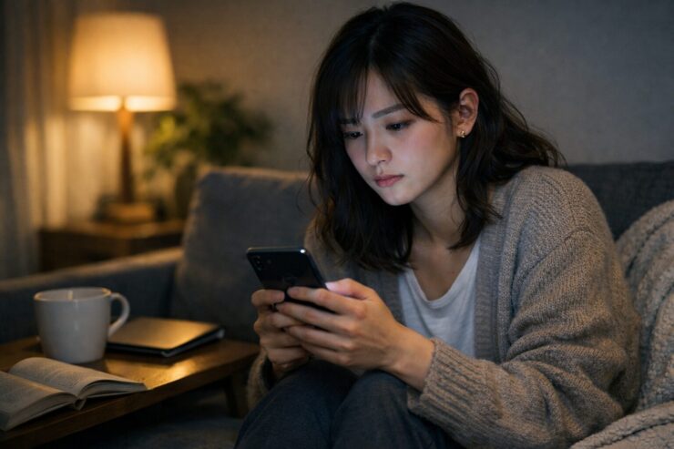 夜の自分の部屋で、スマホのタイムラインをスクロールしながら不幸話に引き寄せられている若い日本人女性の横長ポートレート A wide portrait of a young Japanese woman alone in her room at night, scrolling her smartphone timeline and feeling drawn to negative stories