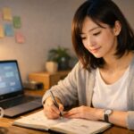 フリーランスの女性がノートPCと資料を前に、静かな光の差すワークスペースで構造設計の思考を深めている横長ポートレート。未来のために働き方を見直す表情が柔らかく映っている。 English ALT A horizontal portrait of a freelance woman working at her laptop in a softly lit workspace, reflecting on structural thinking and workflow design for her career.