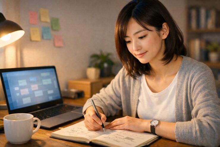 フリーランスの女性がノートPCと資料を前に、静かな光の差すワークスペースで構造設計の思考を深めている横長ポートレート。未来のために働き方を見直す表情が柔らかく映っている。 English ALT A horizontal portrait of a freelance woman working at her laptop in a softly lit workspace, reflecting on structural thinking and workflow design for her career.