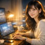 AIツールを活用してノートPCで仕事をする若い日本人女性。青とオレンジの光が差し込むデスクで、スピード感のあるグラフやコードを背景に集中している様子。 / A young Japanese woman working on her laptop in a warm blue-orange workspace, focused while blurred graphs and code behind her symbolize sonic-speed effort with generative AI.