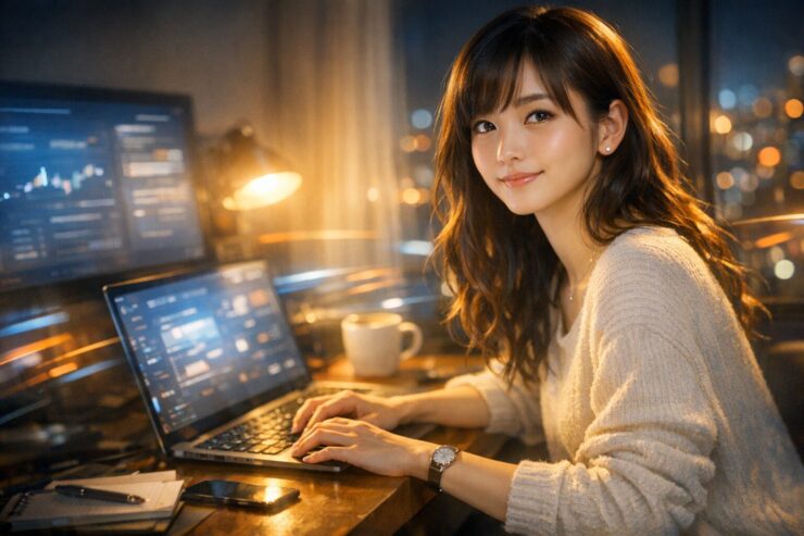 AIツールを活用してノートPCで仕事をする若い日本人女性。青とオレンジの光が差し込むデスクで、スピード感のあるグラフやコードを背景に集中している様子。 / A young Japanese woman working on her laptop in a warm blue-orange workspace, focused while blurred graphs and code behind her symbolize sonic-speed effort with generative AI.