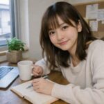 仕事終わりの自宅デスクで、ノートパソコンとメモに囲まれながら前のめりに座る若い女性。疲れた目元のまま手を止めず、仕組みをノートに描き足している姿を、暖かいデスクライトが静かに照らしている。 A young woman sits at her home desk after work, leaning toward her laptop and handwritten notes. Warm lamplight traces the tired softness around her eyes as she keeps sketching out a better system to protect the effort she has already poured in.