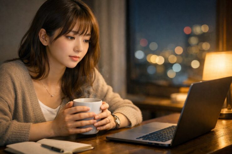 夜の窓辺でマグカップを両手で包み込みながら静かに外を見つめる日本人の若い女性、一人の時間を味方につけて心を整えている様子 A young Japanese woman sitting by a night window, holding a mug in both hands and gazing outside, turning her solitary time into a calm reset for her life