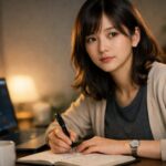 ITエンジニアの転職面接に向けてノートPCの前で自己PRを考え込む日本人女性エンジニア。うまく話せない不安と、それでも準備で乗り越えようとする決意を表現したポートレート。 / A Japanese woman IT engineer sitting in front of her laptop, looking anxious yet determined as she prepares for a job interview, visualizing the struggle to speak smoothly and the resolve to improve through practice.