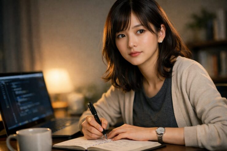 ITエンジニアの転職面接に向けてノートPCの前で自己PRを考え込む日本人女性エンジニア。うまく話せない不安と、それでも準備で乗り越えようとする決意を表現したポートレート。 / A Japanese woman IT engineer sitting in front of her laptop, looking anxious yet determined as she prepares for a job interview, visualizing the struggle to speak smoothly and the resolve to improve through practice.