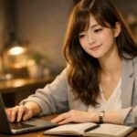 完璧主義をふっと緩めてほっと息をつく若い日本人女性が、ノートPCの前で柔らかく微笑んでいる横長ポートレート。銀と金が混ざるミディアムヘアと落ち着いたブラウス姿、窓からの自然光が頬と瞳を優しく照らし、力を抜いた表情が完璧を手放したあとの安心感を伝えている。 A wide portrait of a young Japanese woman gently smiling in front of her laptop, silver gold gradient medium hair and a soft blouse catching the natural window light. Her relaxed shoulders, calm gray silver eyes, and slightly exhaled expression show the relief and ease of letting go of perfectionism.
