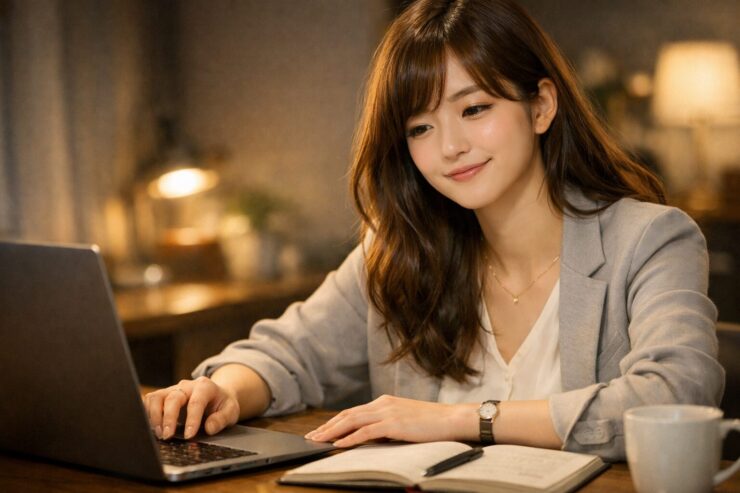完璧主義をふっと緩めてほっと息をつく若い日本人女性が、ノートPCの前で柔らかく微笑んでいる横長ポートレート。銀と金が混ざるミディアムヘアと落ち着いたブラウス姿、窓からの自然光が頬と瞳を優しく照らし、力を抜いた表情が完璧を手放したあとの安心感を伝えている。 A wide portrait of a young Japanese woman gently smiling in front of her laptop, silver gold gradient medium hair and a soft blouse catching the natural window light. Her relaxed shoulders, calm gray silver eyes, and slightly exhaled expression show the relief and ease of letting go of perfectionism.