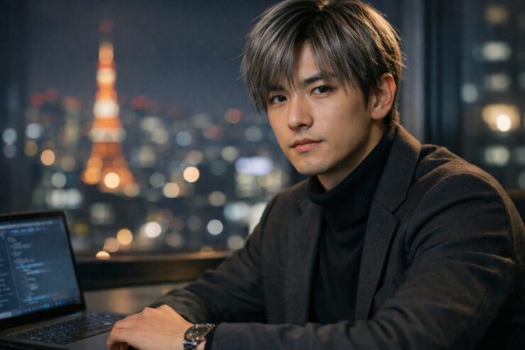 ITエンジニアが夜のオフィスで街の夜景を背にノートPCを抱え、年収の頭打ちと今後のキャリア選択について静かに考え込んでいる横長ポートレート / A young East Asian IT engineer standing in a night office with a laptop in his arms, looking out over the city lights and reflecting on his salary ceiling and future high-class career options