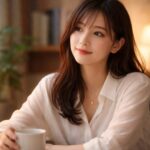 静かな昼下がりの窓辺で、白いブラウスの若い日本人女性が横顔を少しこちらに向けてやわらかく微笑んでいる。小さな幸せに気づいた瞬間のような穏やかな表情と柔らかな光が、日々をご機嫌で過ごす選択の大切さをそっと伝える横長ポートレート。 A young Japanese woman in a light blouse stands by a bright window, turning her face gently toward the viewer with a soft smile. The calm expression and natural light capture a quiet moment of noticing small happiness and the idea of choosing a good mood in everyday life.