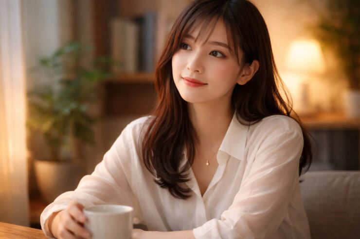 静かな昼下がりの窓辺で、白いブラウスの若い日本人女性が横顔を少しこちらに向けてやわらかく微笑んでいる。小さな幸せに気づいた瞬間のような穏やかな表情と柔らかな光が、日々をご機嫌で過ごす選択の大切さをそっと伝える横長ポートレート。 A young Japanese woman in a light blouse stands by a bright window, turning her face gently toward the viewer with a soft smile. The calm expression and natural light capture a quiet moment of noticing small happiness and the idea of choosing a good mood in everyday life.