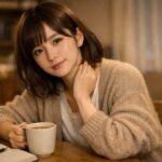 優しすぎて少し疲れた表情の若い日本人女性が、柔らかな光の中でこちらを見つめている横長ポートレート・境界線に悩む優しさのイメージ ｜ A young Japanese woman with a gentle yet slightly tired expression, sitting in soft light and looking at the viewer, visualizing the struggle of being too kind and setting boundaries