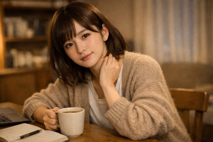 優しすぎて少し疲れた表情の若い日本人女性が、柔らかな光の中でこちらを見つめている横長ポートレート・境界線に悩む優しさのイメージ ｜ A young Japanese woman with a gentle yet slightly tired expression, sitting in soft light and looking at the viewer, visualizing the struggle of being too kind and setting boundaries