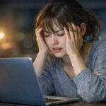 夜の部屋でノートパソコンに向かう日本人女性が、こめかみに手を当てて目を閉じている。疲れと自己嫌悪の間で揺れながらも、もう一度だけ集中し直そうとしている瞬間を、ぼんやり滲む街の光とデスクランプの明かりが静かに照らしている。A young Japanese woman sits at her laptop at night, holding her temples with both hands, eyes closed in frustration and exhaustion, laptop glow and a warm desk lamp reflecting the moment she stops blaming herself and gently decides to try again.