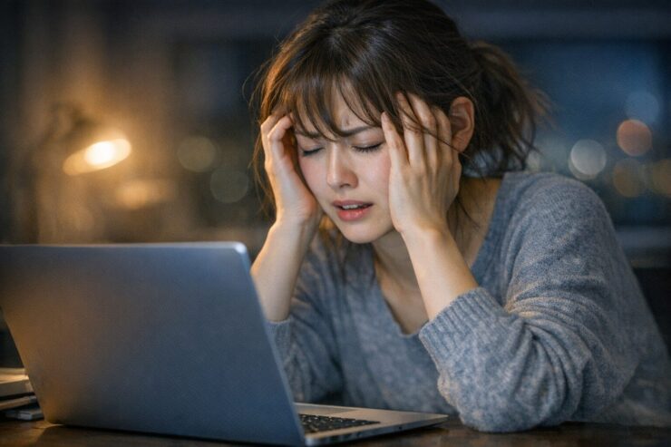 夜の部屋でノートパソコンに向かう日本人女性が、こめかみに手を当てて目を閉じている。疲れと自己嫌悪の間で揺れながらも、もう一度だけ集中し直そうとしている瞬間を、ぼんやり滲む街の光とデスクランプの明かりが静かに照らしている。A young Japanese woman sits at her laptop at night, holding her temples with both hands, eyes closed in frustration and exhaustion, laptop glow and a warm desk lamp reflecting the moment she stops blaming herself and gently decides to try again.