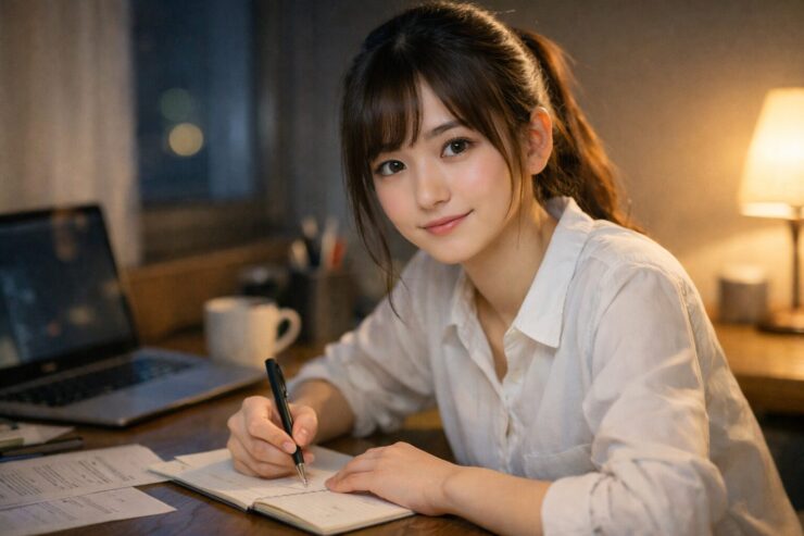 就活に悩む20代前半の女性。夜の部屋でノートPCとメモを前に、少し不安そうに画面を見つめている。柔らかな室内灯、静かな横長の環境ポートレート。