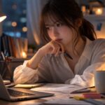 夜のデスクで、履歴書とノートを広げた20代前半の女性が、スマホ通知を伏せて深呼吸している。A young woman at a night desk studies job-hunting notes, soft lamp light tracing a quiet resolve.