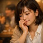 暖色の店内で、白シャツとベージュのカーディガンを着た若い女性が、頬杖をついて静かに考え込んでいる横長ポートレート。手前にグラス、背景は柔らかなボケ。 EN：A wide portrait of a young woman in a warm, cozy bar, resting her chin on her hand with a thoughtful expression. A glass sits in the foreground, with softly blurred people and lights in the background.