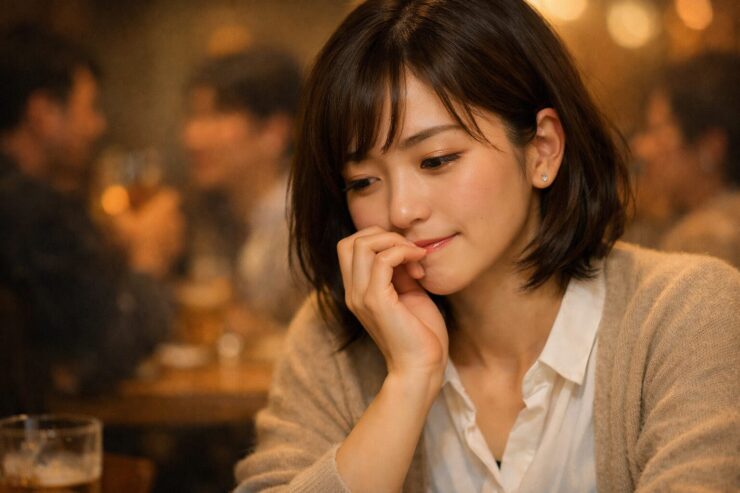 暖色の店内で、白シャツとベージュのカーディガンを着た若い女性が、頬杖をついて静かに考え込んでいる横長ポートレート。手前にグラス、背景は柔らかなボケ。 EN：A wide portrait of a young woman in a warm, cozy bar, resting her chin on her hand with a thoughtful expression. A glass sits in the foreground, with softly blurred people and lights in the background.