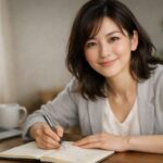 就活解禁の焦りを受け止める伴走者の女性が、窓辺のデスクでノートにペンを添え、やさしく見つめる横長ポートレート。A calm female mentor at a desk near a window, pen over an open notebook, offering a gentle reassuring gaze.