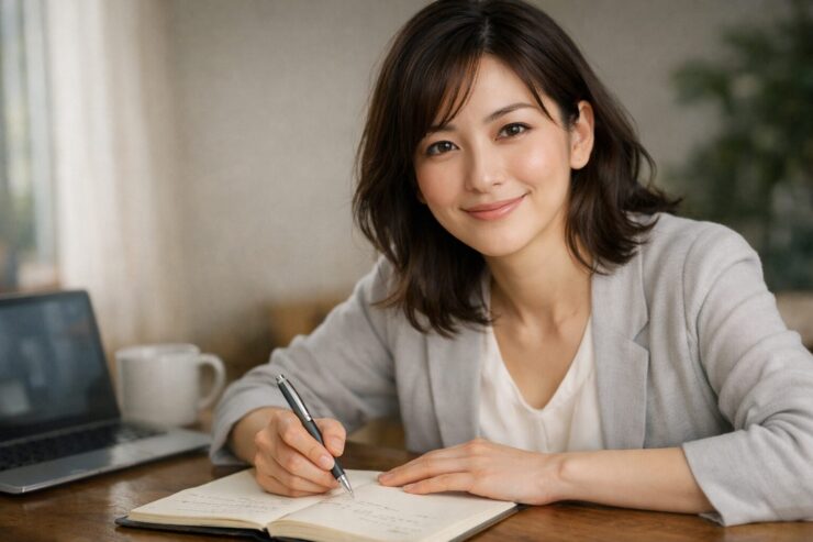 就活解禁の焦りを受け止める伴走者の女性が、窓辺のデスクでノートにペンを添え、やさしく見つめる横長ポートレート。A calm female mentor at a desk near a window, pen over an open notebook, offering a gentle reassuring gaze.