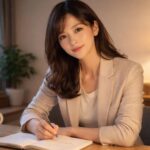 ベージュのジャケットを着た若い女性が、温かい間接照明の部屋でノートにペンを走らせながら、やわらかく微笑んでいる横長ポートレート。 A wide portrait of a young woman in a beige blazer, gently smiling while writing in a notebook in a warmly lit room.