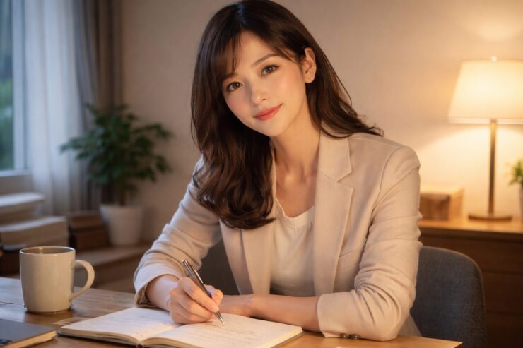 ベージュのジャケットを着た若い女性が、温かい間接照明の部屋でノートにペンを走らせながら、やわらかく微笑んでいる横長ポートレート。 A wide portrait of a young woman in a beige blazer, gently smiling while writing in a notebook in a warmly lit room.