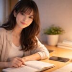 入学前夜、デスクランプの柔らかな光の下でノートに書き込み、少し緊張しつつも微笑む女性。A young woman writes under warm desk light, calm and slightly nervous, as if planning her first week.