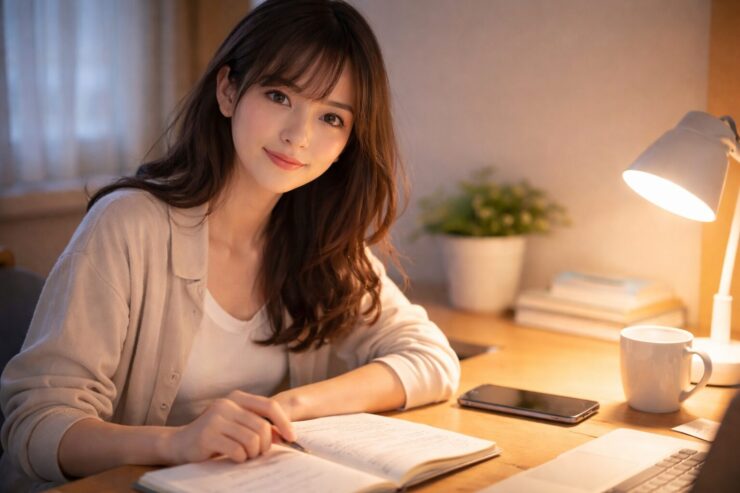 入学前夜、デスクランプの柔らかな光の下でノートに書き込み、少し緊張しつつも微笑む女性。A young woman writes under warm desk light, calm and slightly nervous, as if planning her first week.