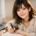 窓辺のデスクでノートに書き込みながら、こちらへ視線を戻す若い女性。ノートPCとマグカップ、付箋が並び、焦りを整えて次の一歩を決める朝の空気。A young woman writes in a notebook beside a laptop and coffee mug, meeting the viewer with a calm, determined smile in soft daylight.