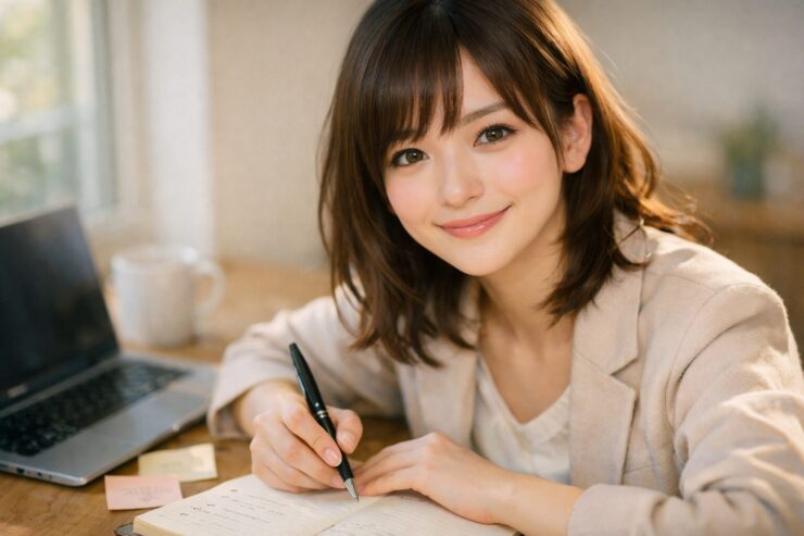 窓辺のデスクでノートに書き込みながら、こちらへ視線を戻す若い女性。ノートPCとマグカップ、付箋が並び、焦りを整えて次の一歩を決める朝の空気。A young woman writes in a notebook beside a laptop and coffee mug, meeting the viewer with a calm, determined smile in soft daylight.