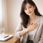 就活面接の不安に寄り添うように、手を胸に当てて微笑む若い女性の横長ポートレート。A young woman in soft light, seated at a desk with notes and a pen, offering calm reassurance.