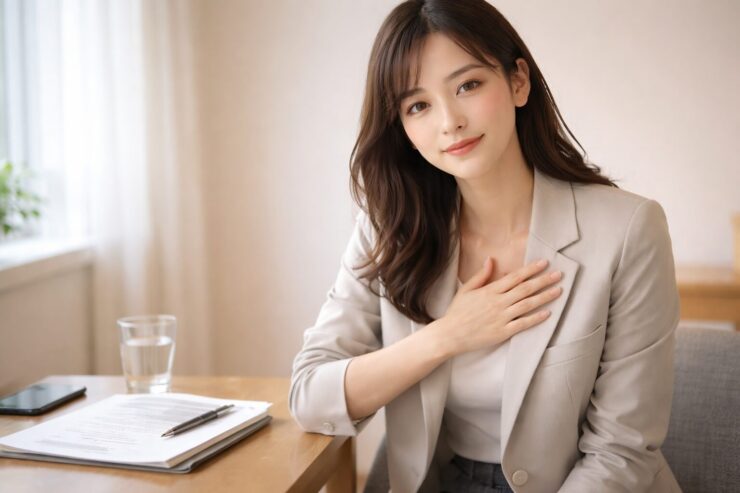 就活面接の不安に寄り添うように、手を胸に当てて微笑む若い女性の横長ポートレート。A young woman in soft light, seated at a desk with notes and a pen, offering calm reassurance.