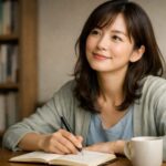 やわらかな室内光の中で、ノートに手を添えながら穏やかに微笑む女性。背後には本棚がぼけて映り、安心して話せる伴走者のような空気がある。 A softly smiling woman rests her hand near a notebook in gentle indoor light, with a blurred bookshelf behind her and the calm presence of a supportive listener.