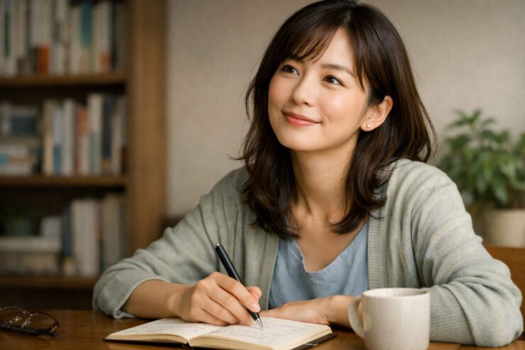 やわらかな室内光の中で、ノートに手を添えながら穏やかに微笑む女性。背後には本棚がぼけて映り、安心して話せる伴走者のような空気がある。 A softly smiling woman rests her hand near a notebook in gentle indoor light, with a blurred bookshelf behind her and the calm presence of a supportive listener.