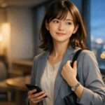 仕事帰りのオフィスで、スマホを手に静かに立つ若い女性会社員。やわらかな表情には、全部に無理して合わせなくてもいいかもしれないという小さな安堵と、まだ少し残る緊張がにじんでいる。 A young office worker stands in a quiet office lounge after work, holding her phone with a soft, thoughtful expression that carries both slight tension and quiet relief.