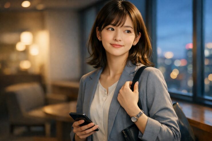 仕事帰りのオフィスで、スマホを手に静かに立つ若い女性会社員。やわらかな表情には、全部に無理して合わせなくてもいいかもしれないという小さな安堵と、まだ少し残る緊張がにじんでいる。 A young office worker stands in a quiet office lounge after work, holding her phone with a soft, thoughtful expression that carries both slight tension and quiet relief.