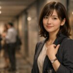 会社の飲み会のあと、二次会へ行くか迷いながら静かにその場を離れようとする若い女性会社員。やわらかな表情に、気まずさとほっとした気持ちが少しだけ同居している。 A young office worker stands in a softly lit corridor after a company dinner, quietly deciding to leave before the second round, her gentle expression holding both slight tension and quiet relief.