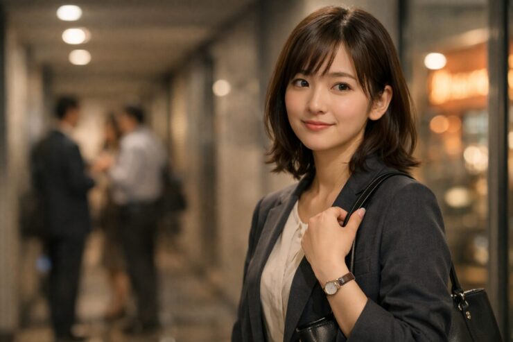 会社の飲み会のあと、二次会へ行くか迷いながら静かにその場を離れようとする若い女性会社員。やわらかな表情に、気まずさとほっとした気持ちが少しだけ同居している。 A young office worker stands in a softly lit corridor after a company dinner, quietly deciding to leave before the second round, her gentle expression holding both slight tension and quiet relief.