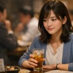 会社の飲み会のテーブルで、ソフトドリンクのグラスを持った若い女性社員が横に視線を流しながら静かに言葉を整えている。乾杯前のためらいと、角を立てずに伝えたい小さな決意が同居する横長ポートレート。 A young office worker sits at a company dinner table, holding a soft drink and looking to the side with a quiet, thoughtful expression. This horizontal portrait captures the hesitation before the toast and the small resolve to speak gently without making things awkward.