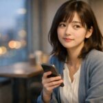 仕事終わりのオフィス休憩スペースで、スマホを手にした若い女性社員が窓の外へ静かに視線を向けている。初めての飲み会を前にした不安と、小さく気持ちを整えようとする決意が同居する横長ポートレート。 A young office worker sits by the window after work, holding her phone and looking off to the side with a thoughtful, slightly unsure expression. This horizontal portrait captures both pre-party anxiety and a quiet moment of self-possession.