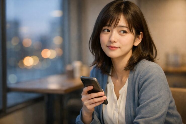 仕事終わりのオフィス休憩スペースで、スマホを手にした若い女性社員が窓の外へ静かに視線を向けている。初めての飲み会を前にした不安と、小さく気持ちを整えようとする決意が同居する横長ポートレート。 A young office worker sits by the window after work, holding her phone and looking off to the side with a thoughtful, slightly unsure expression. This horizontal portrait captures both pre-party anxiety and a quiet moment of self-possession.