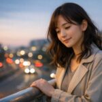 夕暮れの歩道橋で手すりに触れながら静かに視線を落とす女性の横長ポートレート。思い出したくない記憶が戻る夜に、打ち消すのではなく今に戻ろうとする気配を表している。