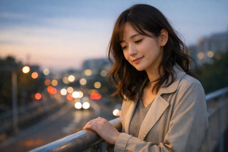 夕暮れの歩道橋で手すりに触れながら静かに視線を落とす女性の横長ポートレート。思い出したくない記憶が戻る夜に、打ち消すのではなく今に戻ろうとする気配を表している。
