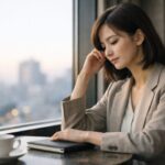 朝のラウンジ窓際で、ノートに手を置き静かに考え込む女性の横長ポートレート。過去の自分を責め続ける夜のあと、記憶と少し距離を置こうとする知的で静かな気配を表している。
