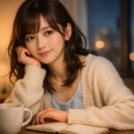 夜の部屋でノートとマグカップを前に座る若い女性の横長ポートレート。やわらかな灯りの中で静かに微笑み、過去を引きずりやすい人の内省と、感情の出口を少し見つけかけた空気を表している。