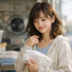 朝のコインランドリー前でタオルを抱え、やわらかく視線を落とす若い女性の横長ポートレート。嫌な記憶が浮かんだ瞬間に、手触りや朝の空気を通して今に戻ろうとする記事のテーマを表している。