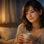 夜の寝室でマグカップを両手に持つ女性の横長ポートレート。やわらかな灯りの中で静かに視線を落とし、嫌な記憶がよみがえる夜の不安と、それでも落ち着こうとする空気を表している。